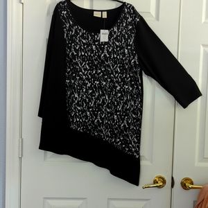 Chico's size 3 (16-18) black and white 3/4 sleeve asymmetrical bottom tonic NWT